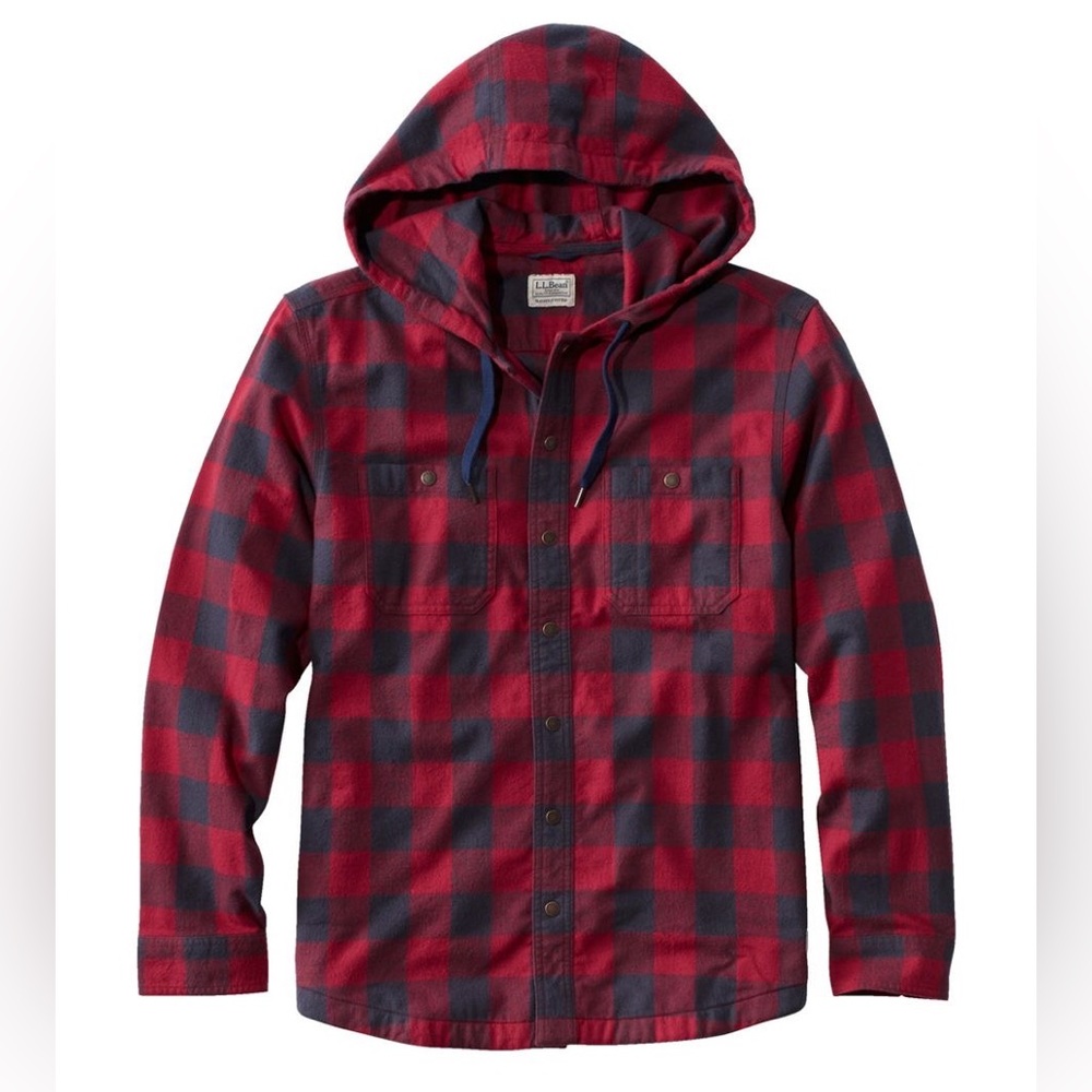 LL Bean Plaid Flannel Hooded Shirt Men’s XL Red Navy Slightly Fitted Snap 508169